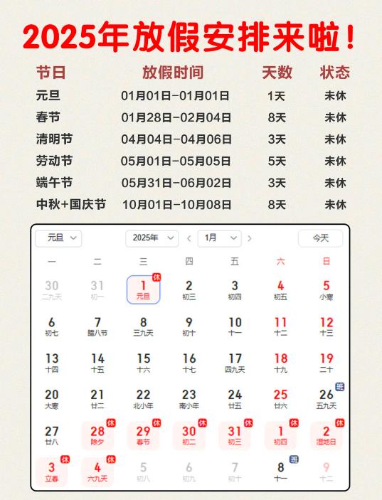 2025年放假安排公布！春节、国庆节连休8天！